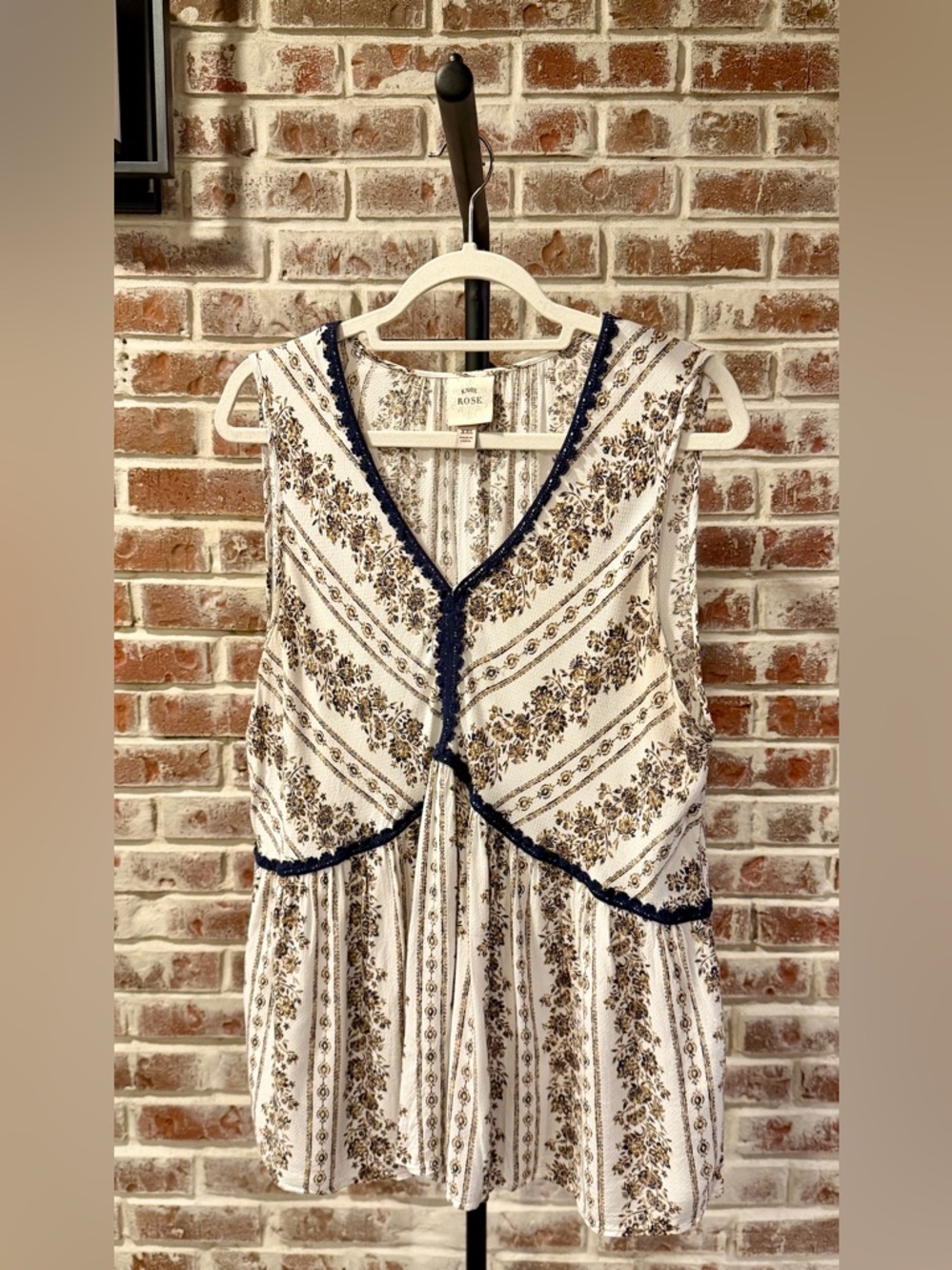 Knox Rose Cream Tank Top with Brown Floral Print and Navy Trim